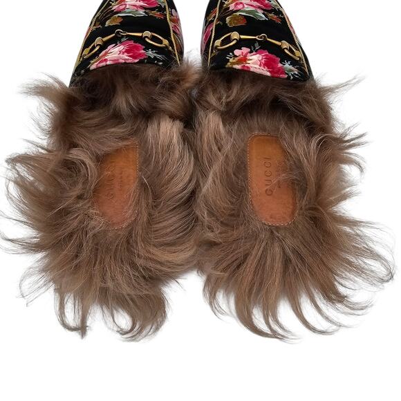 Gucci Princetown Horsebit Flat Slide Mule Fur Floral Black Velvet Size 38 US 8 - Picture 5 of 10
